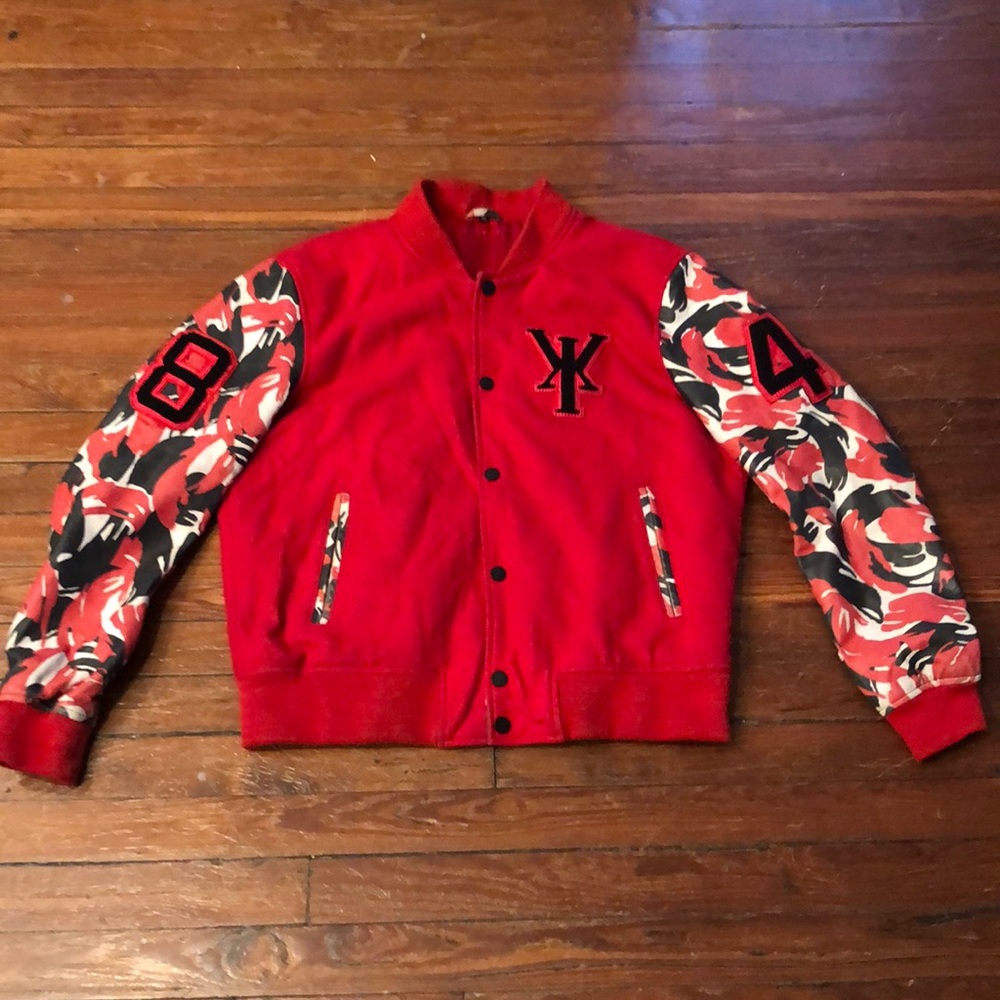 Varsity jacket men’s size XL genuine leather & wool red & camouflage jacket